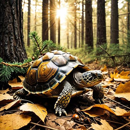 Turtle in Sunlit Forest with Fallen Leaves Turtle in Sunlit Forest with Fallen Leaves