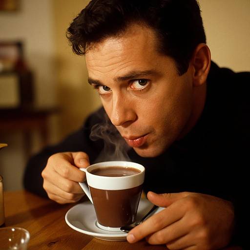 Photograph of a serious-looking man with short dark hair, holding a steaming brown coffee cup on a saucer, in a warmly lit indoor setting