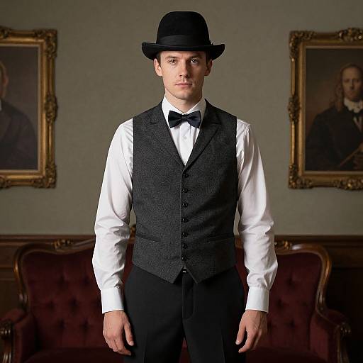 Photograph of a young white male in formal black vest, white shirt, black bow tie, and black hat, standing in a vintage room with two