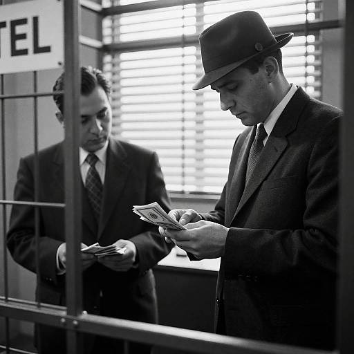 Vintage Men Counting Money in Metal Cage