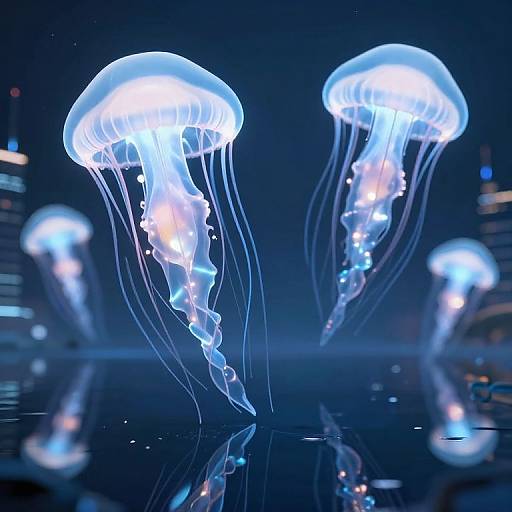 Photorealistic CGI of glowing blue jellyfish with translucent, flowing tentacles, floating in a dark, reflective aquatic environment with blurred city lights in the