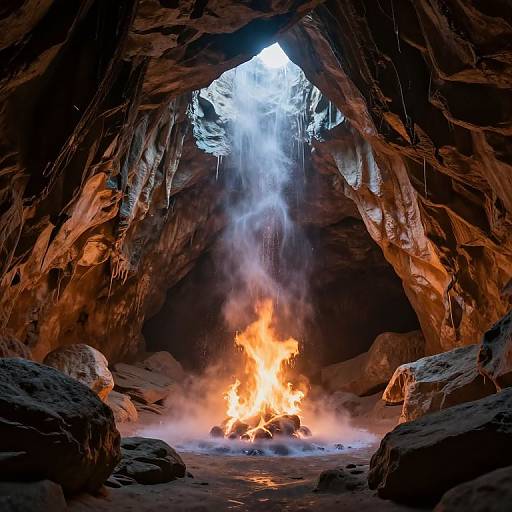Photograph of a cave with a roaring fire at its center, surrounded by dripping rocks, and water cascading from the cave's opening above.