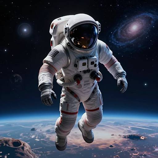 CGI image of an astronaut in a white spacesuit with a black visor, floating above a starry, galaxy-filled space background and Earth below