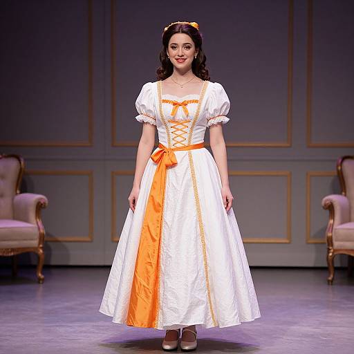 Photograph of a young woman in a white and orange princess dress with puffed sleeves, orange ribbon, and crown, standing on a stage with elegant