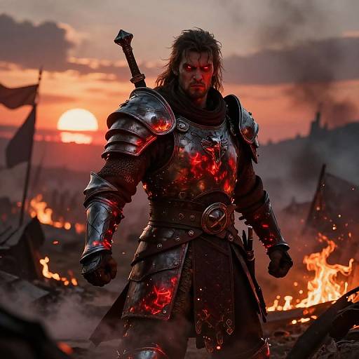 Photorealistic digital art of a fierce, bearded warrior in glowing red, battle-worn armor standing amidst a burning battlefield at sunset.