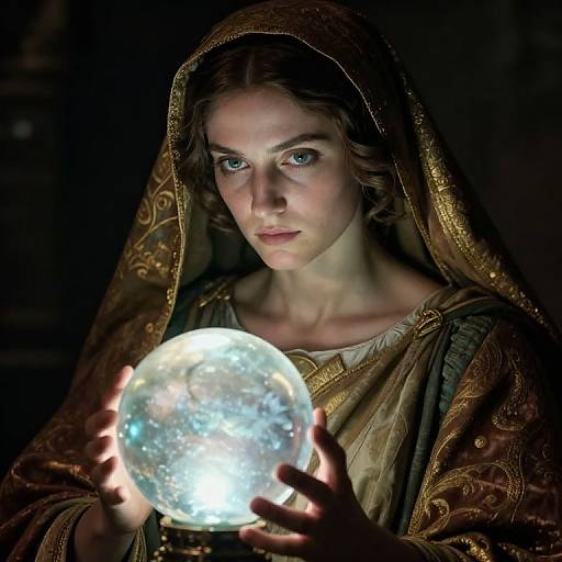 Photograph of a young woman with fair skin and blue eyes, wearing an ornate, brown, medieval-style headscarf and dress, holding a