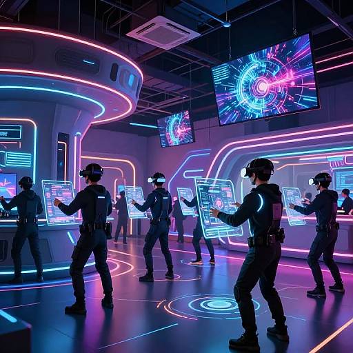 Neon-lit futuristic control room with six armed, helmeted guards in black tactical gear, interacting with holographic screens and neon-lit panels.