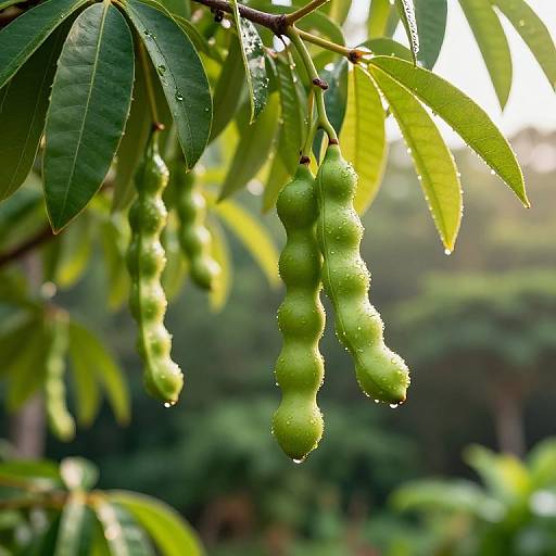 Photograph of green, dew-covered tamarind pods hanging from a leafy branch with sunlight filtering through, set against a blurred forest background.