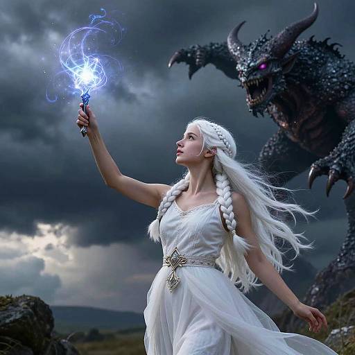 Ethereal white-haired woman in flowing dress conjures blue magic, facing menacing dark dragon under stormy sky in fantasy landscape.