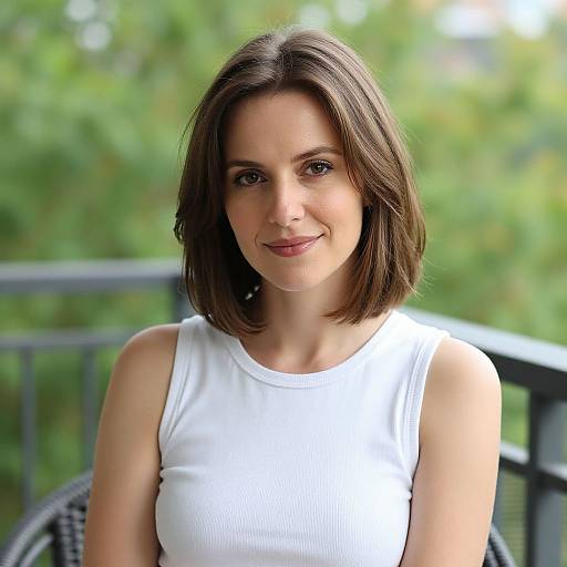 Photograph of a smiling young woman with straight brown bob haircut, wearing a white sleeveless top, seated outdoors on a balcony with blurred green foliage in