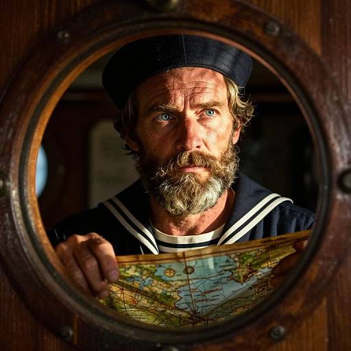 Photograph of a bearded man with blue eyes, wearing a black sailor hat and navy sailor uniform, peering through a wooden ship's porth