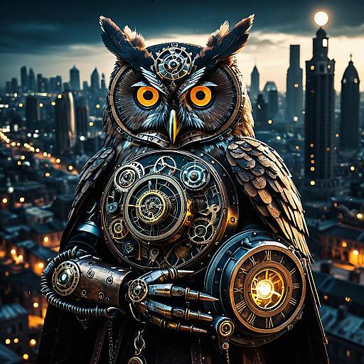 Ancient Mechanical Owl in Steampunk City