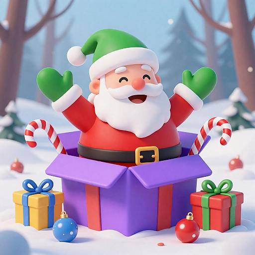 Chubby Santa Emerging From Purple Gift