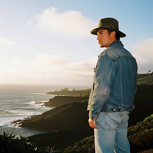 Photograph of a man in a denim jacket and hat, standing on a coastal cliff at sunset, gazing at the ocean.