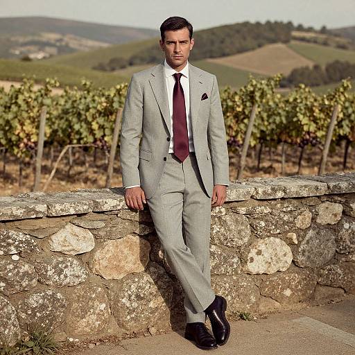 Photograph of a handsome man in a light gray suit, maroon tie, white shirt, leaning against a stone wall in a vineyard. Background
