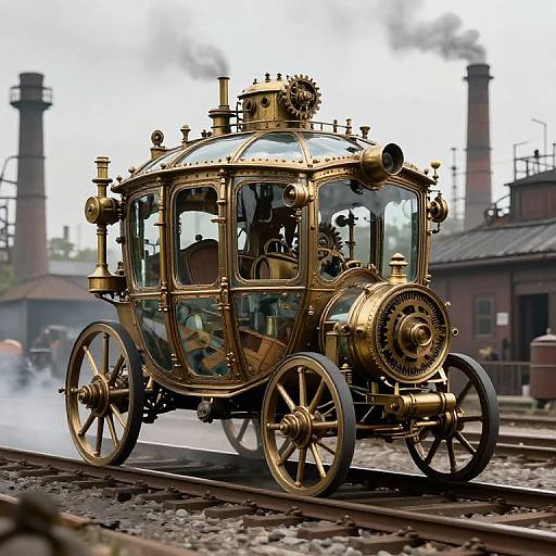 Photorealistic CGI of a vintage, gold-gilded steam-powered carriage with large spoked wheels, intricate metalwork, and glass windows, chugging