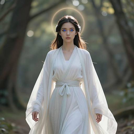 Photograph of a fair-skinned woman with blue eyes, long dark hair, wearing a white, flowing robe with a halo, walking through a sun