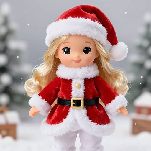 Photograph of a blonde-haired doll in a red and white Santa outfit with black belt, standing in a snowy, blurred forest background.