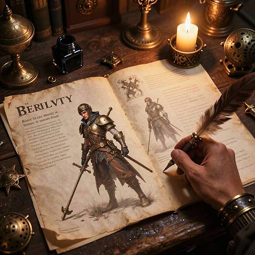 A hand with a feather quill annotates an ancient, parchment 