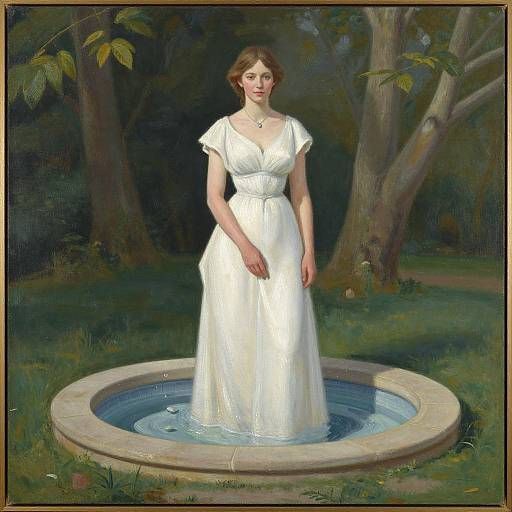 Painting of a fair-skinned woman with brown hair in a white, V-neck dress standing in a stone fountain, surrounded by trees and greenery