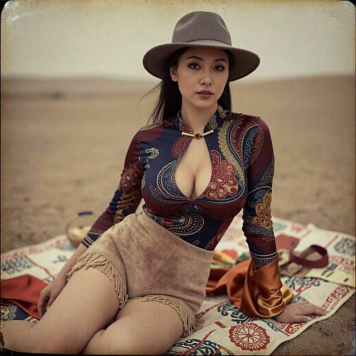 Photograph of an Asian woman with long black hair, wearing a brown hat, colorful patterned blouse with a deep cleavage, and beige fringed