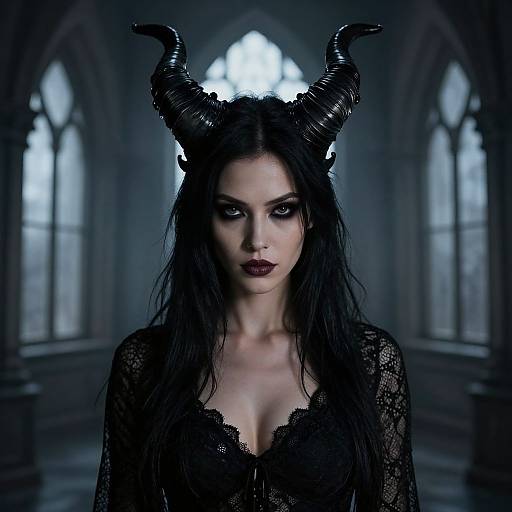 Photograph of a pale, dark-haired woman with black horns, wearing a lace black dress, standing in a gothic, dimly-lit cathedral