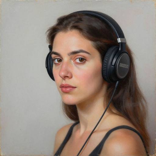 Photorealistic digital portrait of a young woman with light skin, brown eyes, and long brown hair, wearing black headphones and a black tank top,