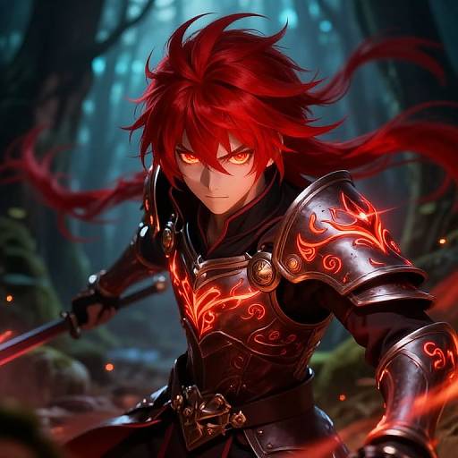 Digital anime-style drawing of a red-haired warrior with glowing orange eyes, wearing black armor with fiery red patterns, wielding a sword in a dark, mystical