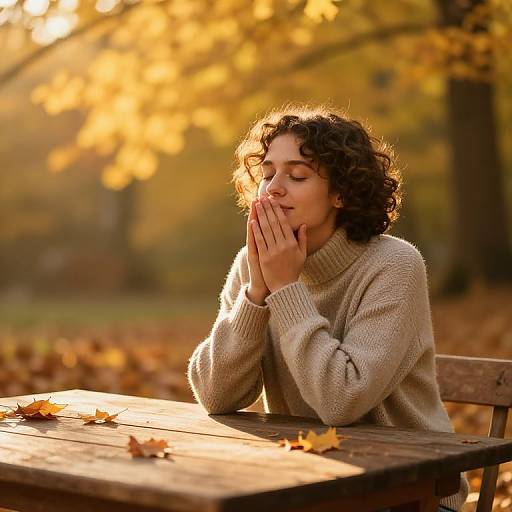 Photograph of a curly-haired woman in a beige sweater, gently touching her lips, sitting at an autumnal wooden table with fallen leaves, surrounded by