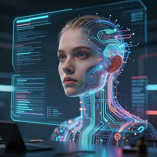 Digital CGI portrait of a young woman with glowing, neon-blue circuitry overlay on her face and neck, set in a futuristic, dark-tech lab.