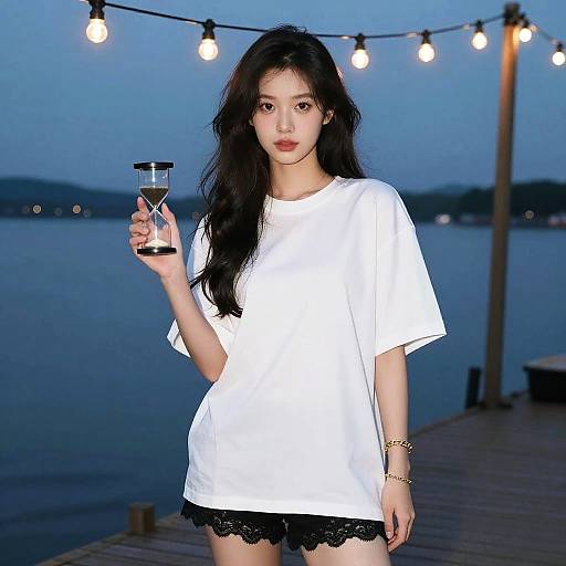 Photograph of an Asian woman with long black hair, wearing a white oversized shirt and black lace shorts, holding a glass of clear liquid, standing on