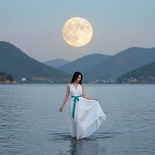 Photograph of a woman in a white dress with turquoise sash, standing in a lake, under a full moon, with mountains and birds in the