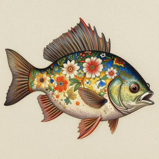 Colorful, detailed digital illustration of a fish adorned with vibrant floral patterns on its blue-green scales, red fins, and open mouth. White background.