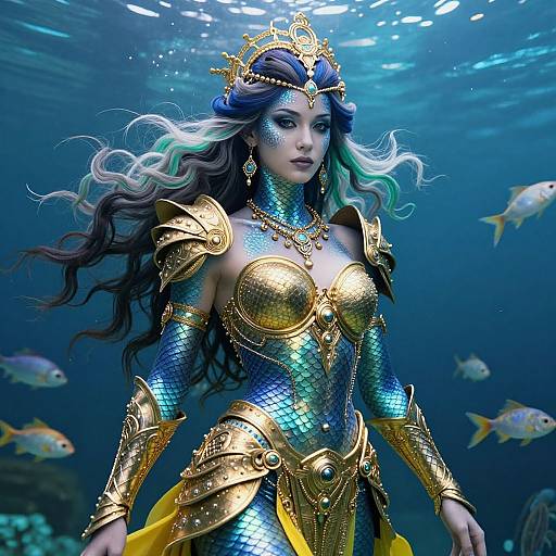 Digital artwork of a mermaid queen with long, wavy hair, wearing gold and blue scale armor, underwater with fish, and a crown adorned with