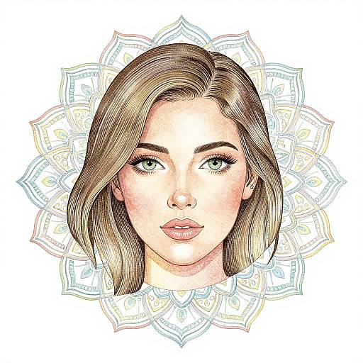 Digital drawing of a fair-skinned woman with green eyes, straight brown hair, and pink lips, surrounded by a colorful mandala pattern.