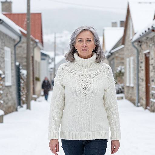 Photograph of a middle-aged woman with gray hair, wearing a white knitted sweater, standing in a snowy village street.
