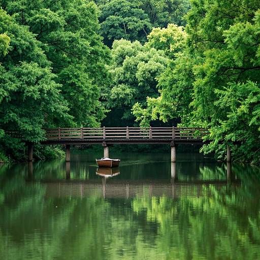 Photograph of a serene, green forested lake with a wooden bridge and small, stationary rowboat reflecting on calm water.