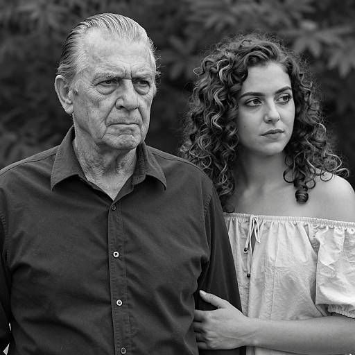 Black and White Portrait of Serious Older Man and Young Woman