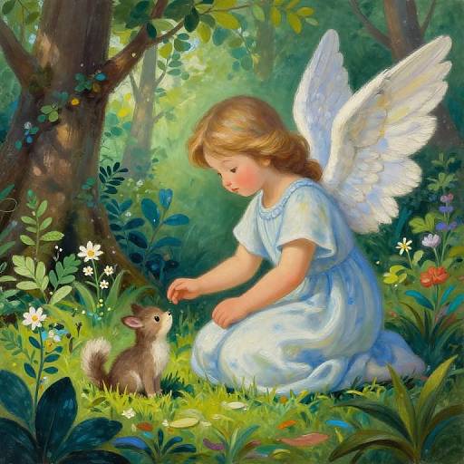 Digital painting of an angelic child with white wings, in a blue dress, gently touching a small brown rabbit in a lush, sunlit forest me