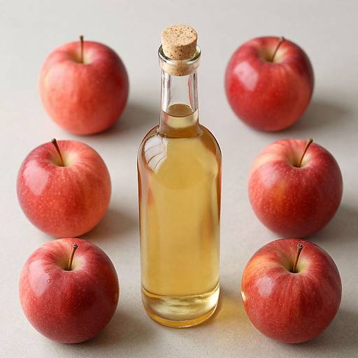 Photograph of a glass bottle with golden apple cider, surrounded by six red apples, on a white surface.