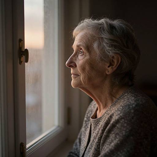 Photograph of an elderly woman with short white hair, wearing a gray textured sweater, gazing out a window, bathed in soft sunlight.