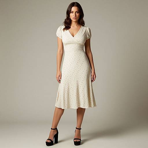 Photograph of a dark-haired woman in a white, short-sleeved, V-neck, textured dress and black high-heeled sandals, standing against