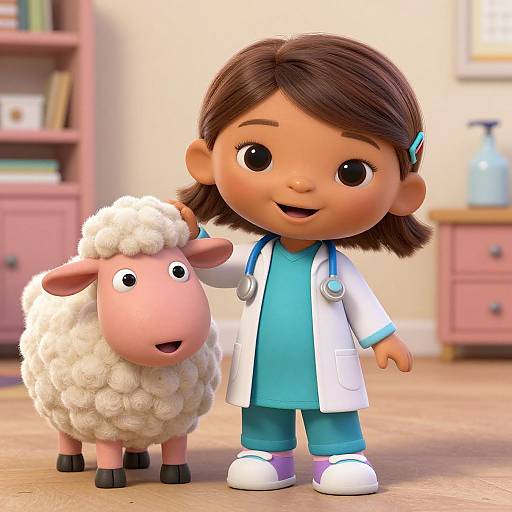 CGI image of a cute, brown-haired girl in a white coat and blue scrubs, smiling, standing with a fluffy pink sheep.