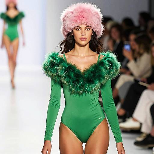 Photograph of a confident female model on a runway wearing a green, long-sleeve leotard with green fur trim and a pink furry hat