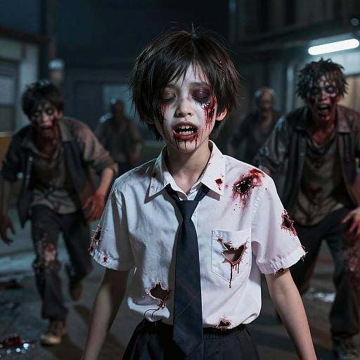 Photograph-style digital artwork: Bloodied young boy in white shirt and black tie, with zombie-like, blood-stained, pursuers in dim,