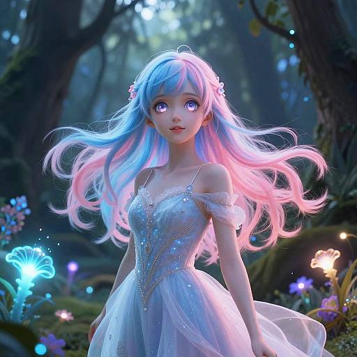Digital art of a magical, blue and pink-haired girl with glowing purple eyes in a sparkling white dress, standing in a mystical forest illuminated by ethereal