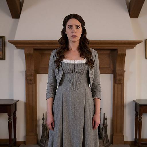 Photograph of a Caucasian woman with long brown hair, wearing a grey, long-sleeved, Victorian-style dress, standing in front of a wooden