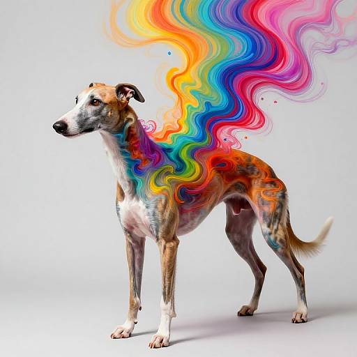 Photorealistic digital illustration of a greyhound with a vibrant, rainbow-colored, swirling aura extending from its back, standing against a plain white background.