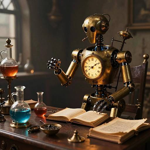 Steampunk Clockwork Robot Inventor in Victorian Study