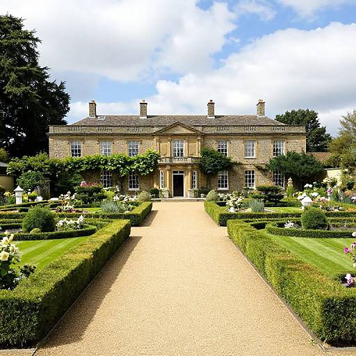 Photograph of a grand, stone Georgian mansion with manicured gardens, symmetrical gravel path, and vibrant flowerbeds under a partly cloudy sky.
